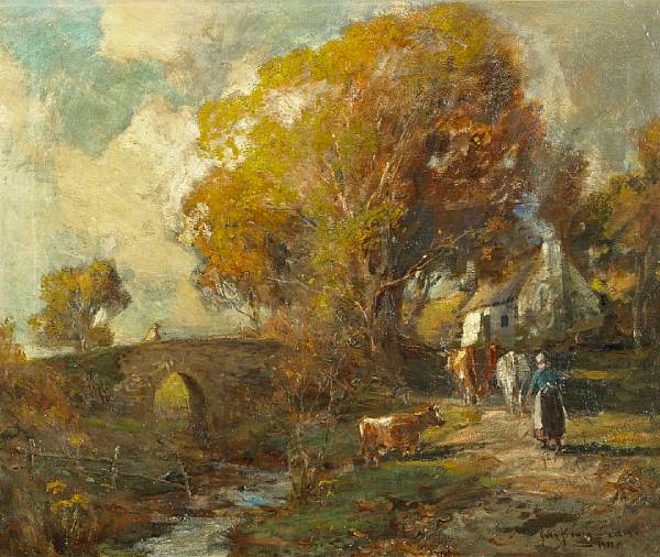 Appraisal: Owen Bowen British - A wooded landscape with cows and