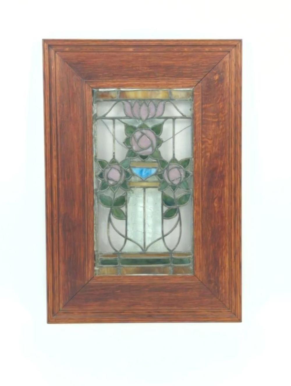 Appraisal: ARTS CRAFTS LEADED STAINED GLASS WINDOW PANEL WITH SCOTTISH ROSE