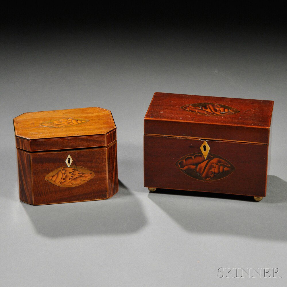 Appraisal: Two Mahogany Veneer Tea Caddies with Shell Inlay England late