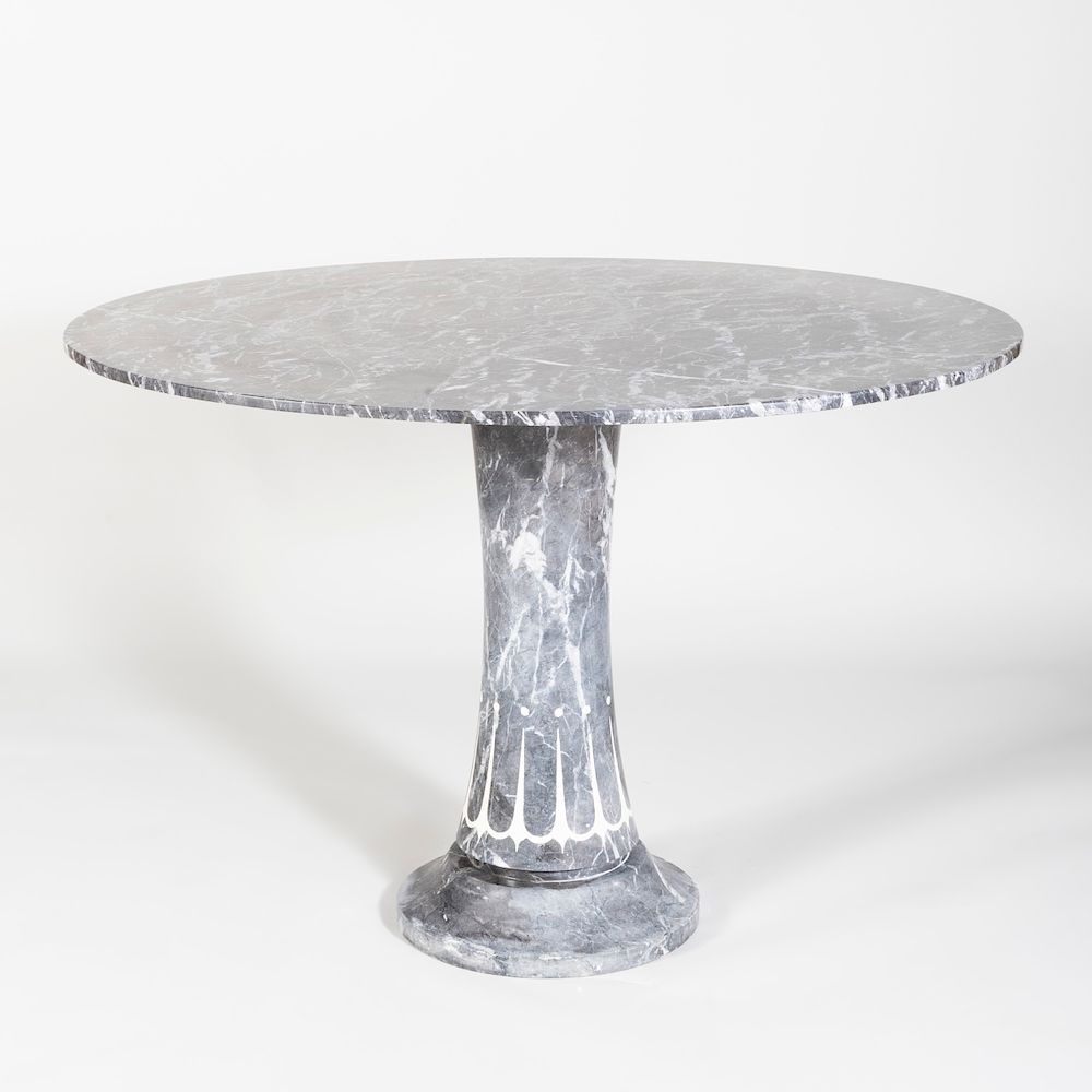 Appraisal: Grey Marble Pedestal Table The circular top above a waisted