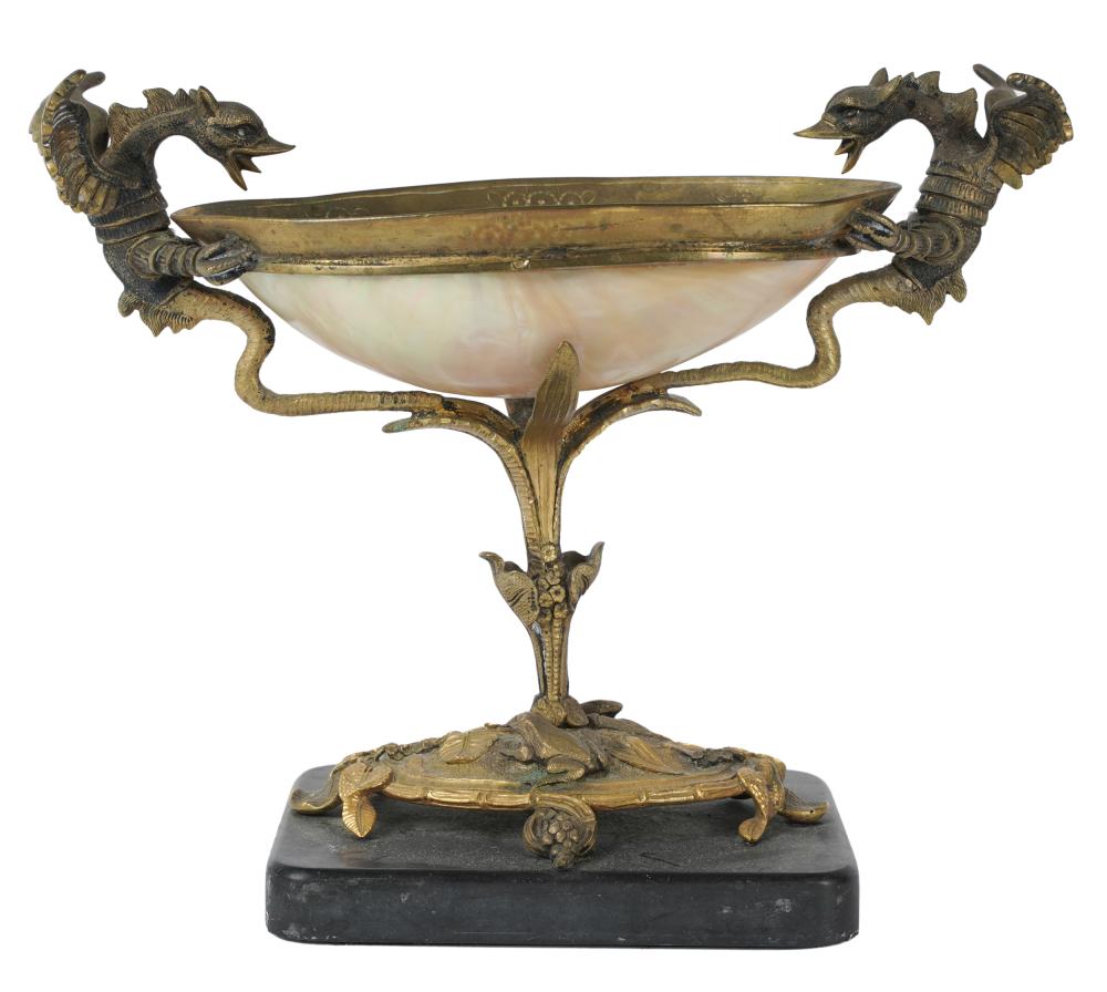 Appraisal: FRENCH BRONZE-MOUNTED MOTHER-OF-PEARL COMPOTEmounted to a stone base Provenance The