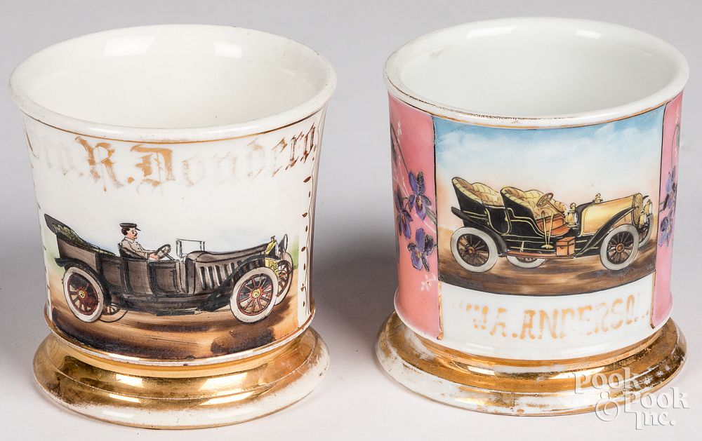 Appraisal: Two occupational shaving mugs with automobiles Two occupational shaving mugs