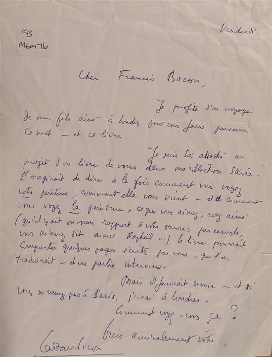 Appraisal: Gaetan Picon hand-written letter to Francis Bacon dated Vendredi Single