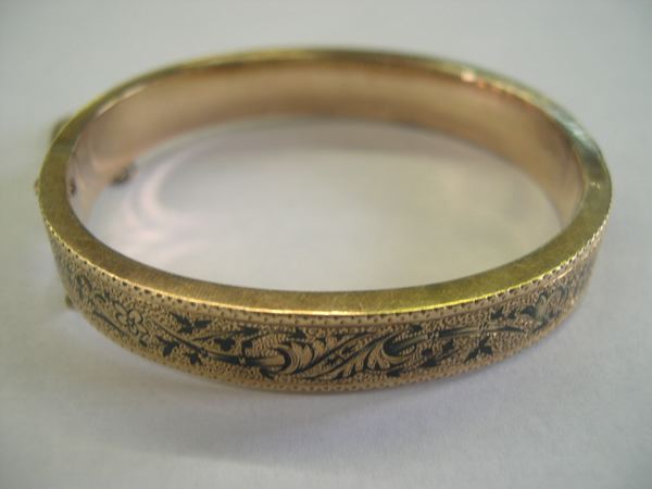 Appraisal: Victorian Hand-Engraved Enamel and Fourteen-Karat Gold Filled Bangle Bracelet w