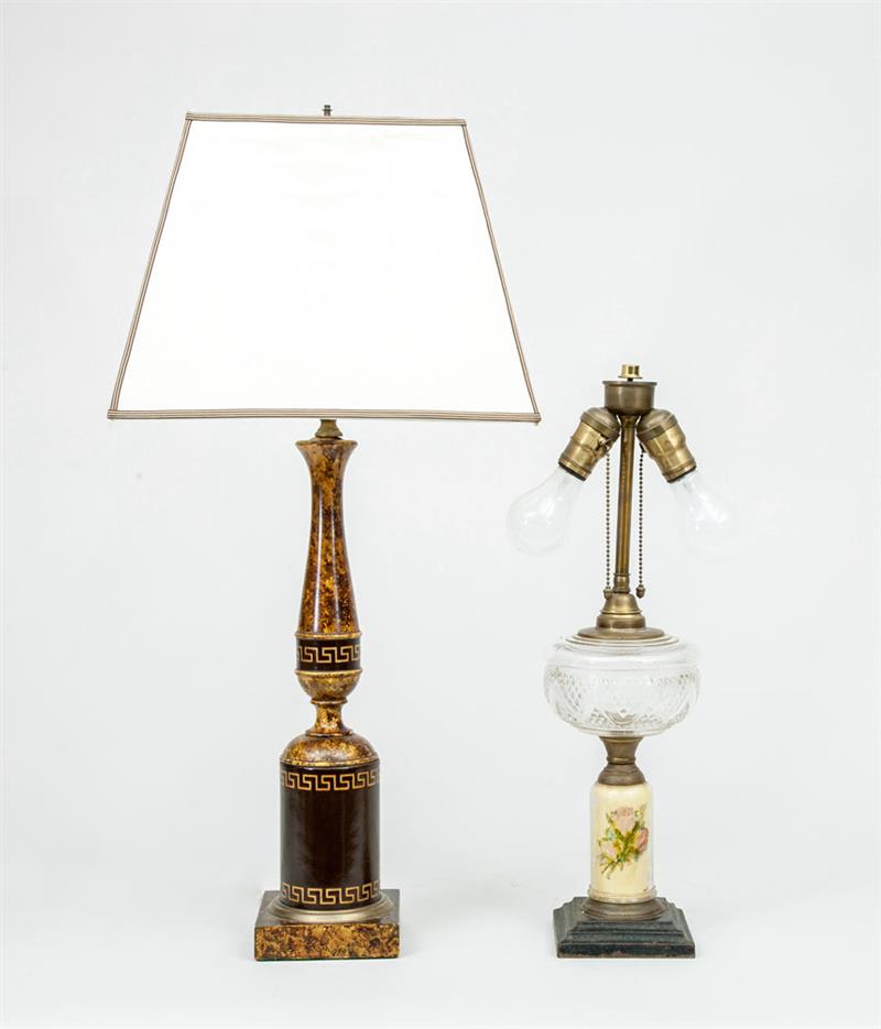 Appraisal: Leather and Faux Tortoiseshell Painted Lamp and a Glass Oil