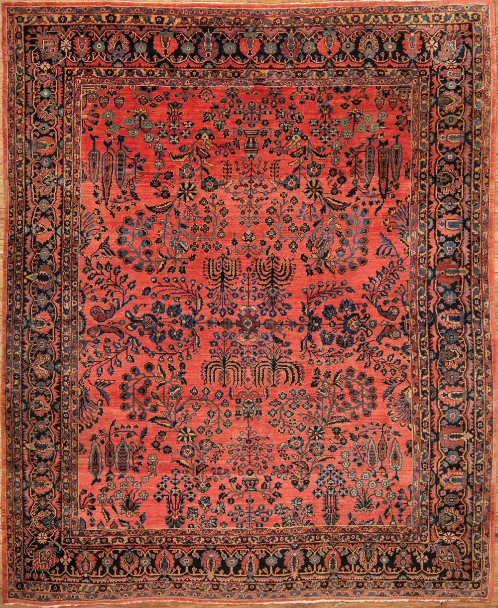 Appraisal: Mahajaran Sarouk Persian Rug red ground allover floral stylized design