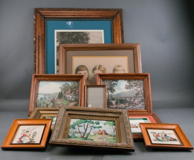 Appraisal: Includes empty frames small paintings and prints