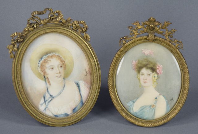 Appraisal: Two Hand-Painted Miniature Portraits of LadiesIncluding Victorian lady in blue