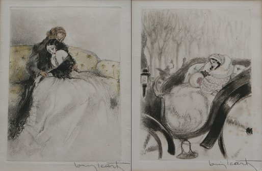 Appraisal: LOUIS ICART ETCHINGS Man Consoling Woman and Woman in Carriage