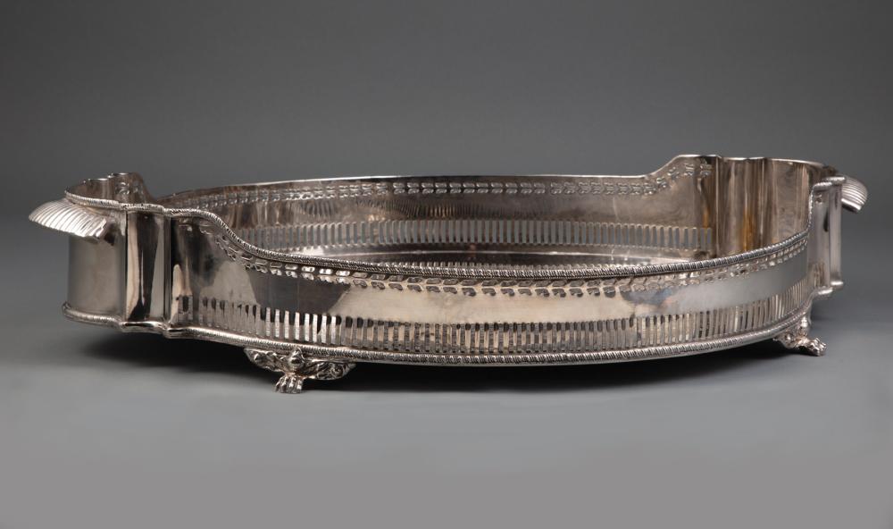 Appraisal: Large Silverplate Gallery Tray shaped oval reticulated gallery flat-chased well