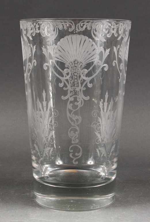 Appraisal: German etched glass beaker-form vase th century with stylized shell