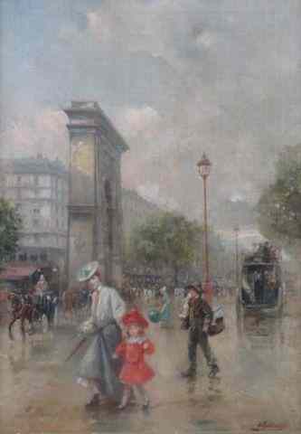 Appraisal: PALLARES ALLUSTANTE Joaquin O C Parisian StreetScene with Girl Holding