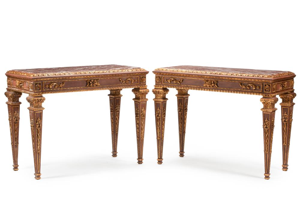 Appraisal: Pair of Italian Neoclassical-Style Painted and Parcel Gilt Consoles rouge