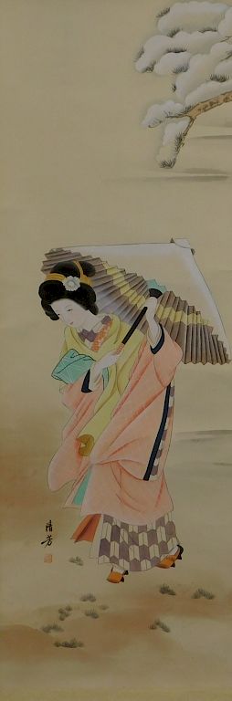 Appraisal: Japanese Winter Geisha Hanging Wall Scroll Japan Dressed in a