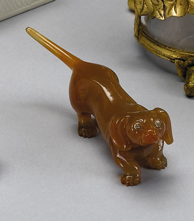 Appraisal: Carved hardstone figure of a dachshund th century In the