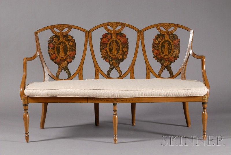 Appraisal: Georgian-style Polychrome Painted Triple-back Settee with arched backrest painted with