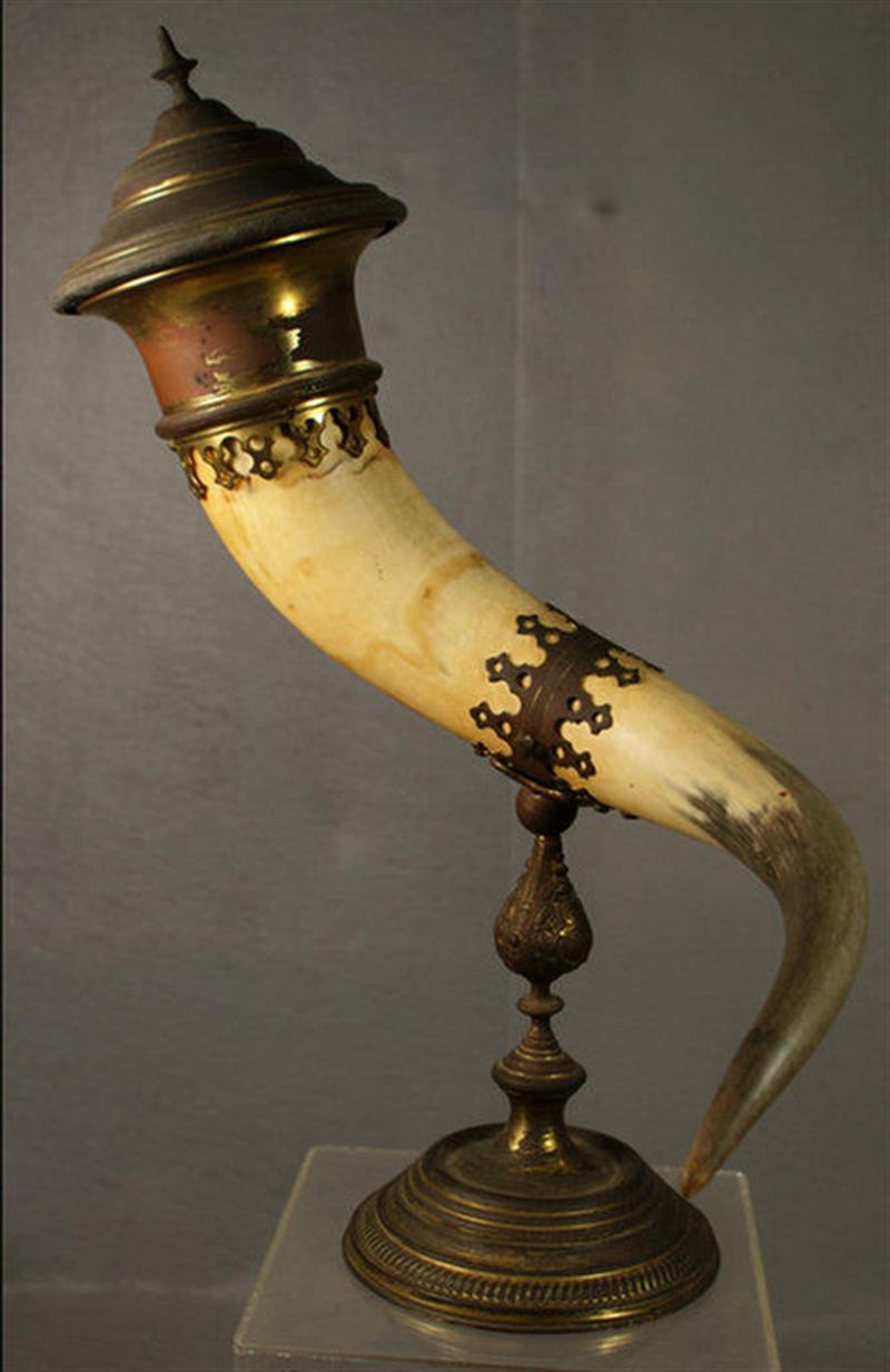 Appraisal: Brass mounted horn on pedestal with lid h Estimate -