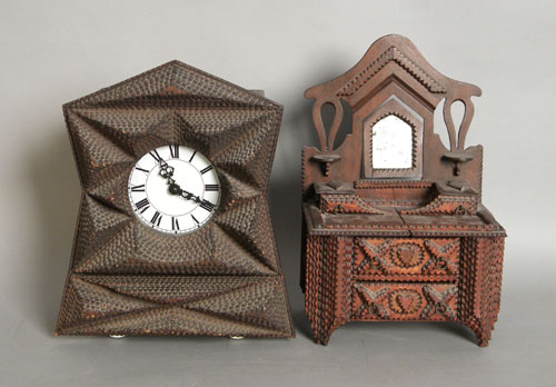 Appraisal: Tramp art mantle clock and miniature dresser h h