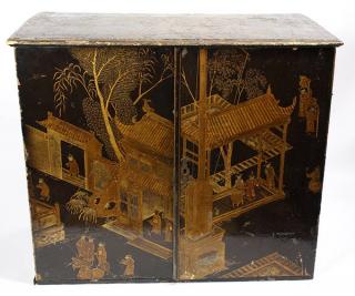 Appraisal: Chinese Lacquered Cabinet Chinese gilt lacquered cabinet decorated with court