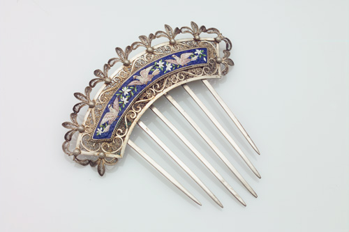 Appraisal: 's Mircomosaic and silver filigree hair comb with a curved