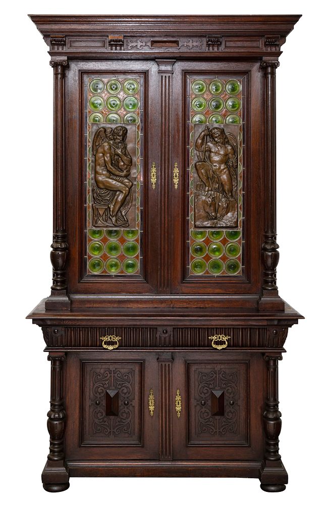 Appraisal: FRENCH RENAISSANCE-REVIVAL STAINED-OAK COLORED LEAD-GLASS AND BRONZE-INSET STEPBACK BOOK CASE