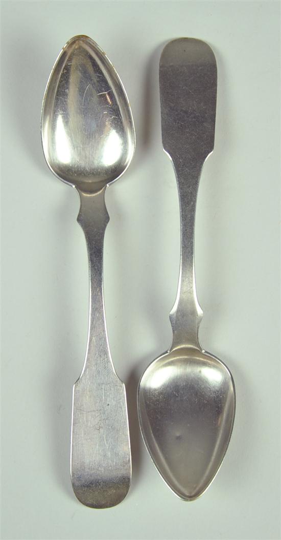 Appraisal: Silverthorn Coin Silver Teaspoons Circa Pair Fiddleback pattern Wear to