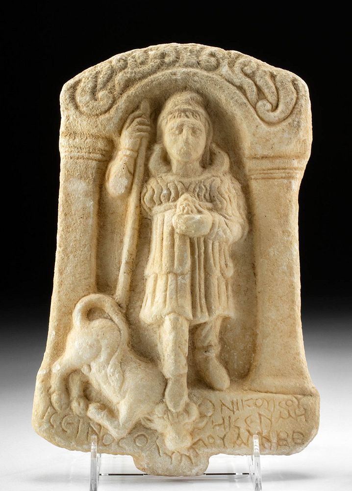 Appraisal: Roman Marble Stela with Figure and Bull Roman Imperial period