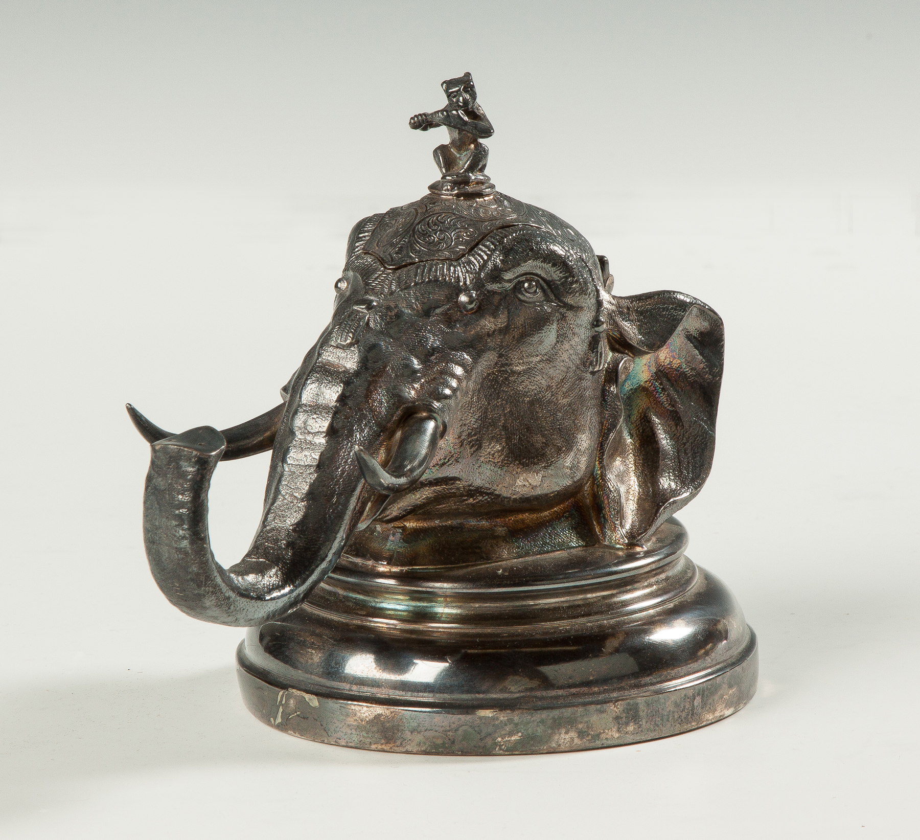 Appraisal: Silver Plate Inkwell Elephant with Monkey th cent