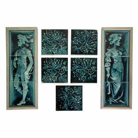 Appraisal: An American Renaissance Revival Blue Pottery Fireplace Facing Trent Tile