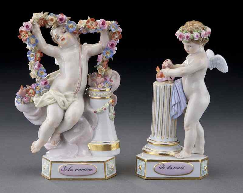 Appraisal: Meissen porcelain figures of puttistanding amidst clouds and pursuing various