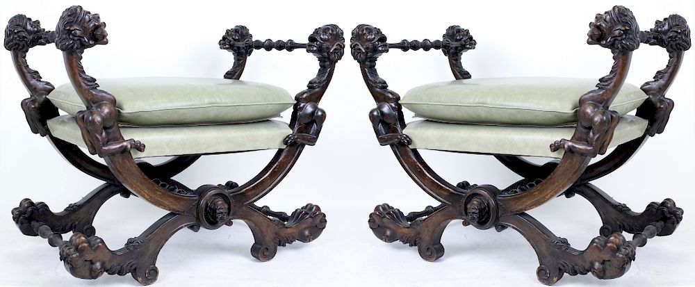 Appraisal: PR Italian Renaissance Revival Chairs Curule Seats Pair of antique