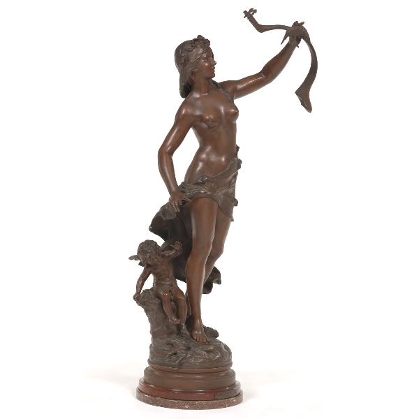 Appraisal: AFTER AUGUSTE MOREAU FRENCH - Maiden and cherub Patinated spelter