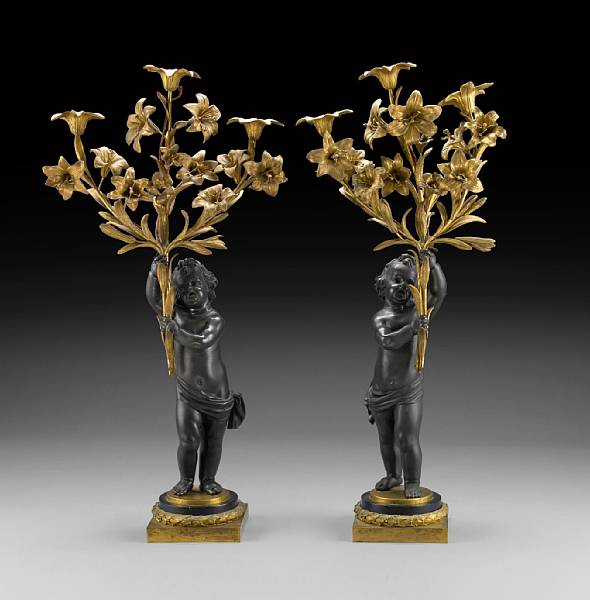 Appraisal: A pair of Louis XVI style gilt and patinated bronze