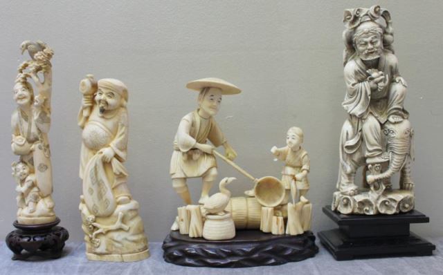 Appraisal: Antique Vintage Asian Carved Figures Includes a quality fishing family