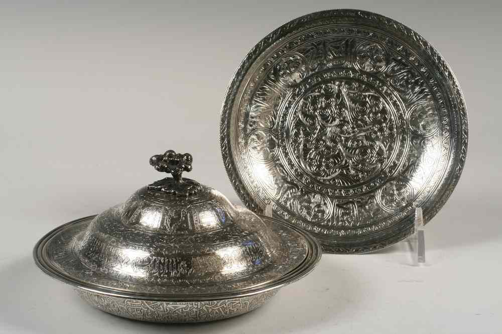 Appraisal: PERSIAN SILVER COVERED BOWL PLATE - Late th c Persian