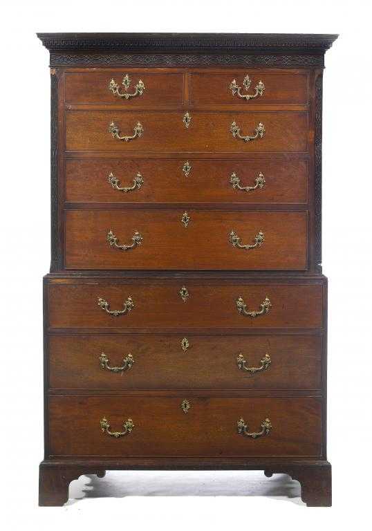 Appraisal: A VICTORIAN MAHOGANY CHEST-ON-CHEST with dentil cornice and blind fret