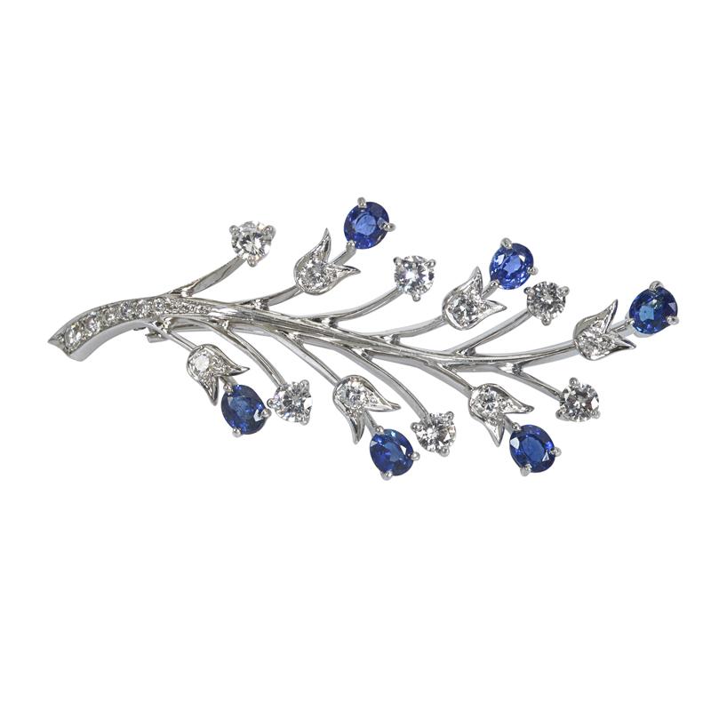 Appraisal: TIFFANY CO DIAMOND SAPPHIRE PLATINUM BROOCH Condition Report