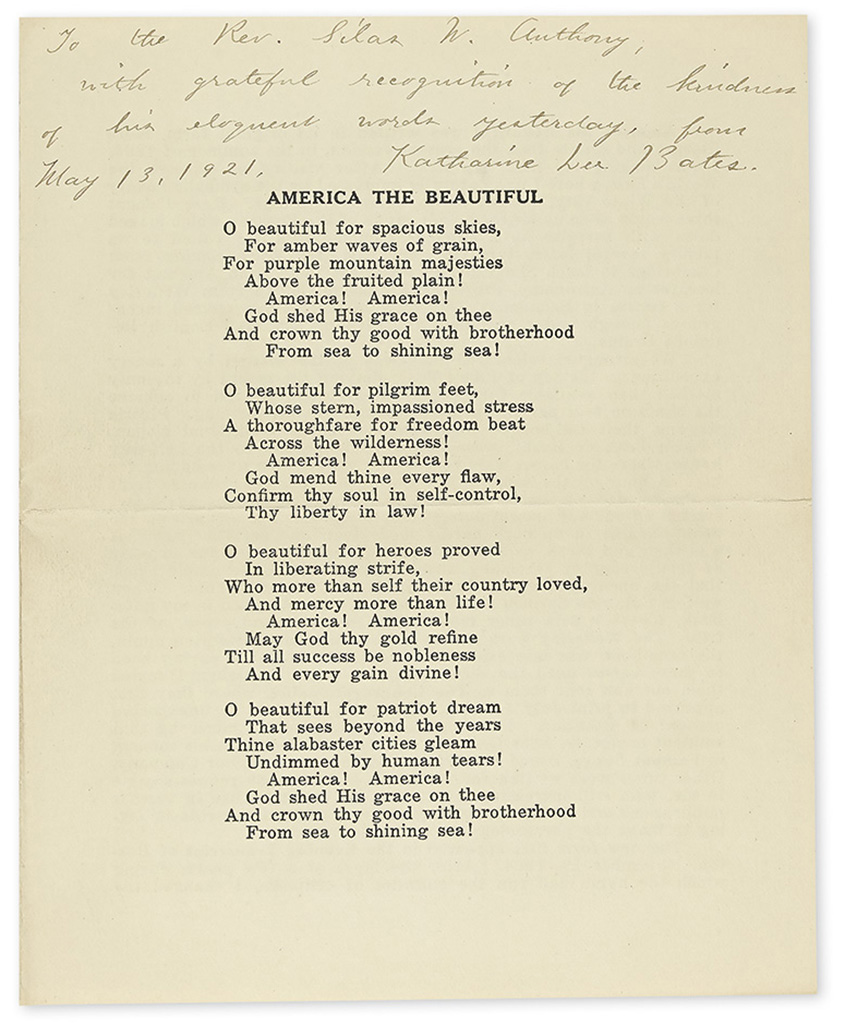 Appraisal: BATES KATHARINE LEE Printed lyrics of her America the Beautiful