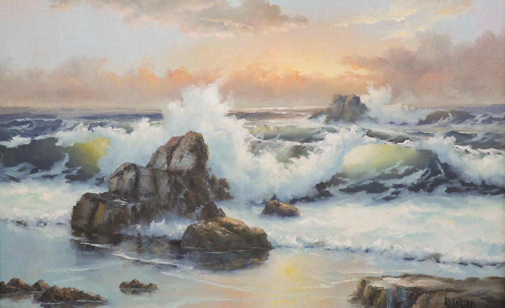 Appraisal: WEE Robert American - Sunset Coastal Surf Oil on Canvas