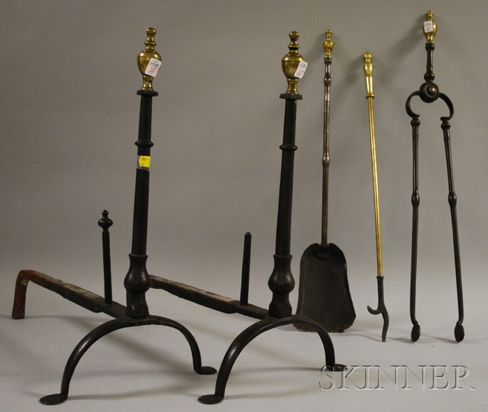 Appraisal: Brass and Iron Urn-top Andirons and Three Tools probably Pennsylvania