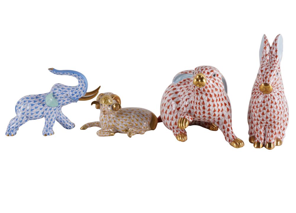 Appraisal: FOUR HEREND FISHNET PORCELAIN ANIMAL FIGURESeach with factory marks comprising