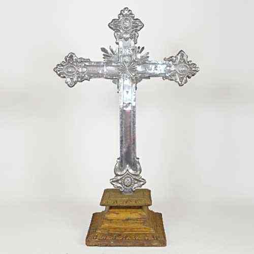 Appraisal: A Rare Indo-Portuguese Silver Repouss Cross on Teak Base th