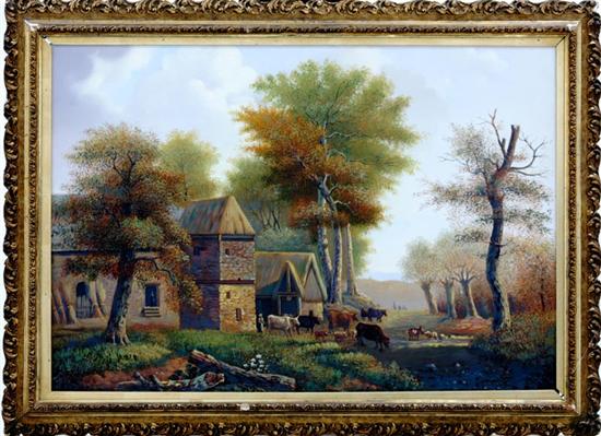 Appraisal: W James British th century AT THE FARM oil on