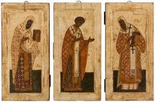 Appraisal: A GROUP OF THREE RUSSIAN ICONS OF ARCHBISHOPS LIKELY NOVGOROD