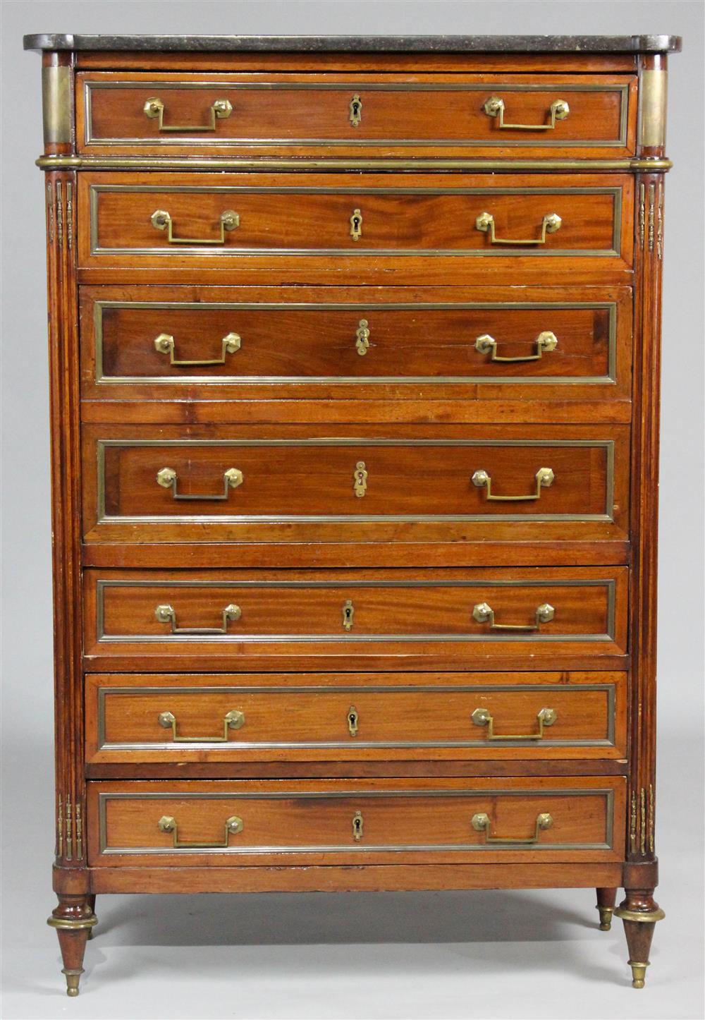 Appraisal: LOUIS XVI STYLE MARBLE TOP BRASS MOUNTED MAHOGANY SECRETAIRE A