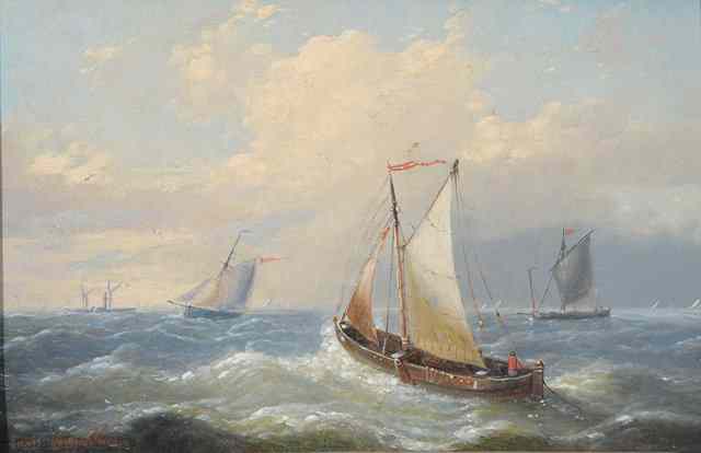 Appraisal: Louis Verboeckhoven - Fishing boats in choppy waters signed oils