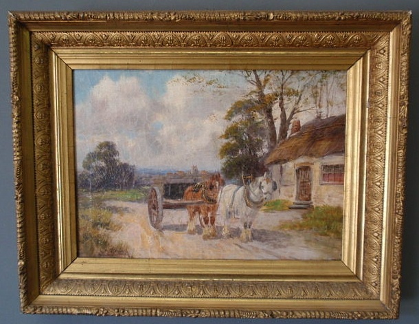 Appraisal: Oil on canvas painting of a French landscape with two