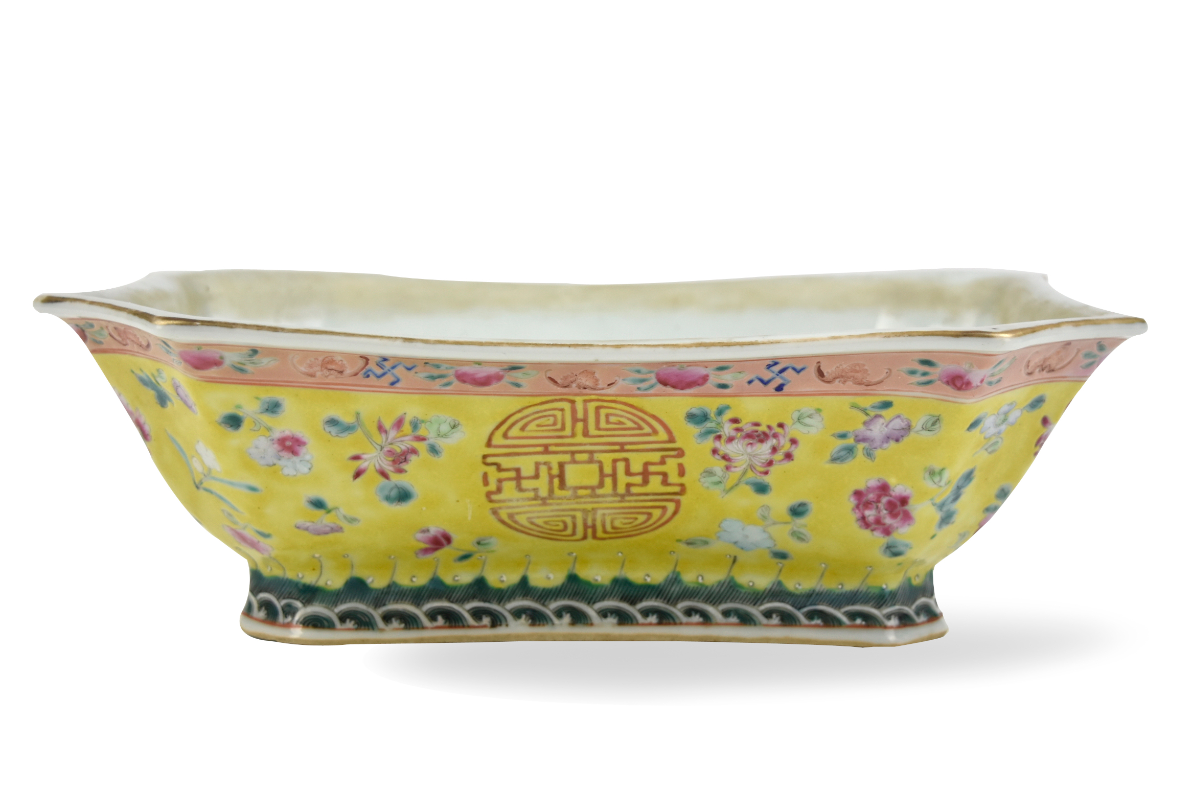 Appraisal: Chinese - th C yellow ground famille rose bowl painted