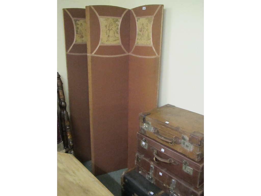 Appraisal: Travel trunk three suitcases and a folding dressing screen