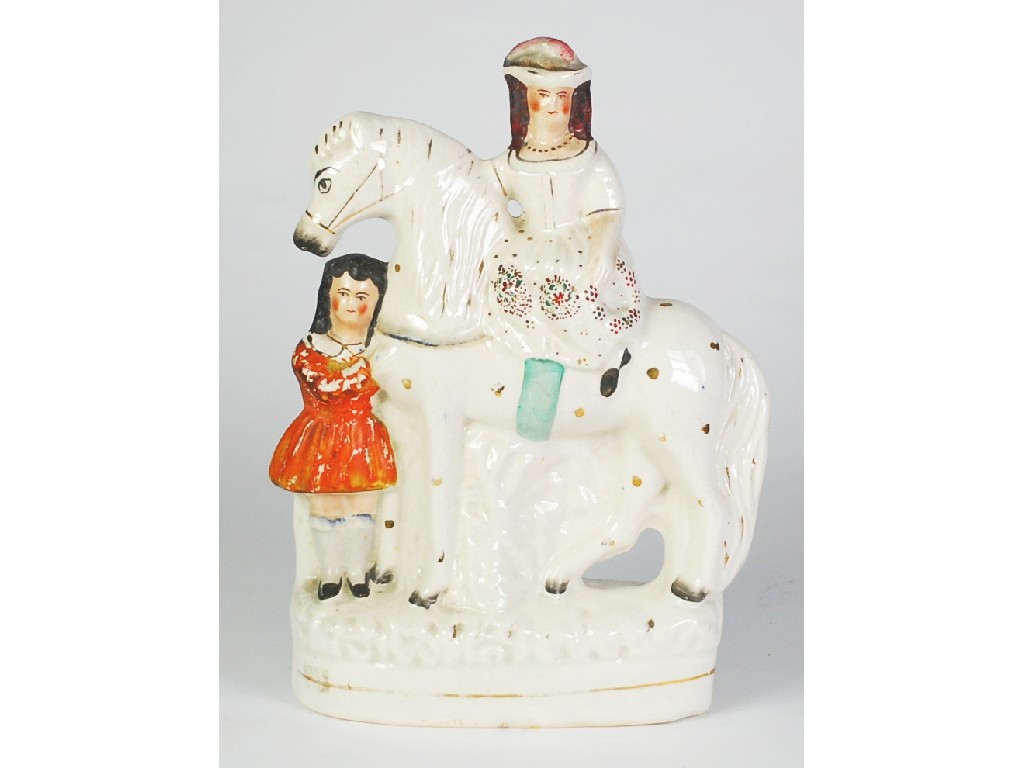 Appraisal: NINETEENTH CENTURY STAFFORDSHIRE FLAT BACK EQUESTRIAN POTTERY GROUP with two